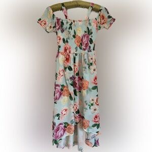 Blue Floral Summer Dress High Low Short Sleeve Cold Shoulder 14 Sundress Formal